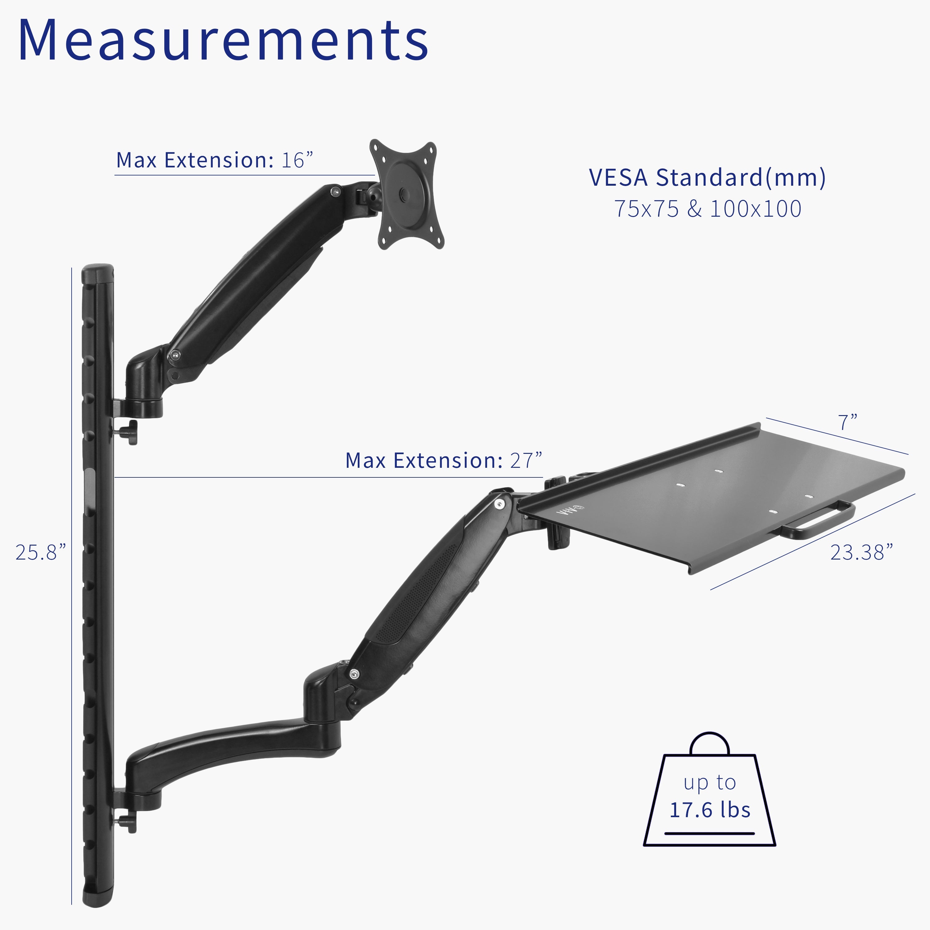 Single 13" to 27" Monitor Sit to Stand Wall Mount Workstation