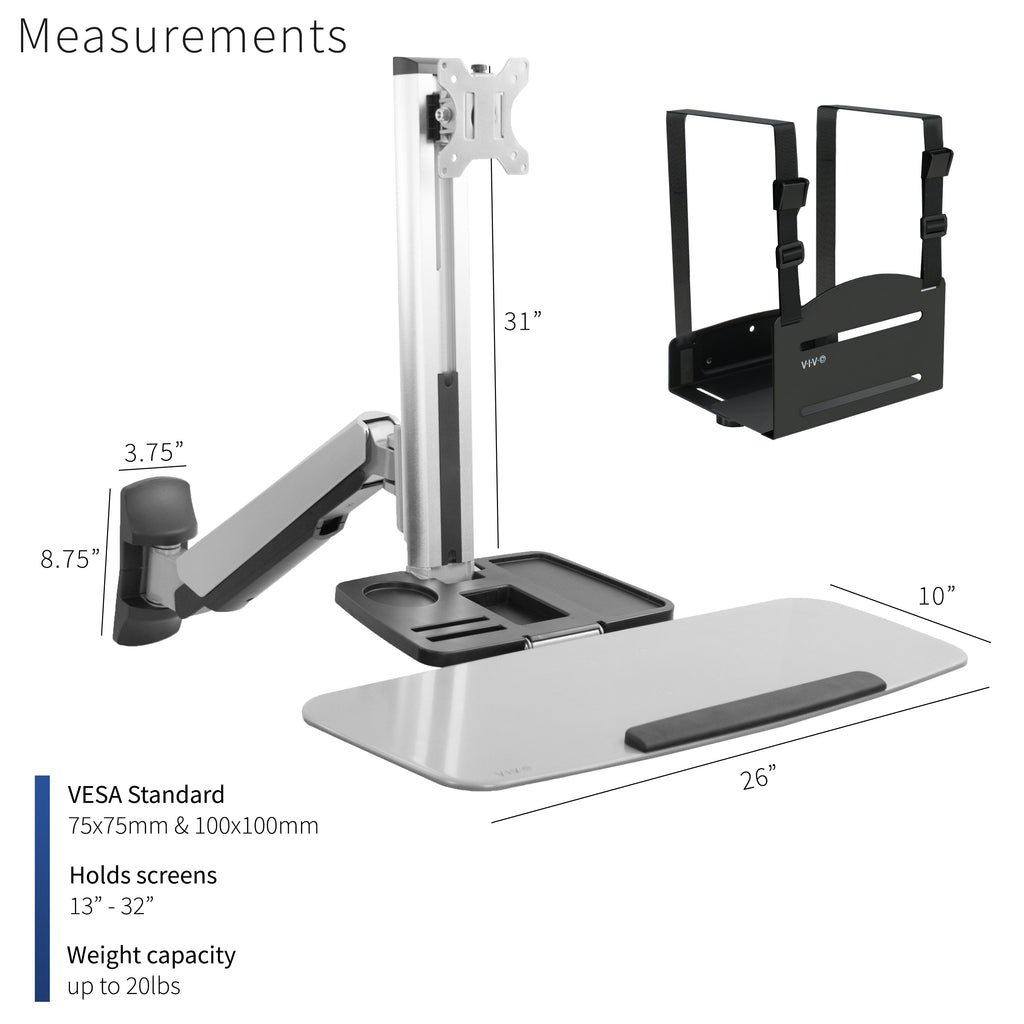 Silver Single 13" to 32" Monitor Sit to Stand Wall Mount