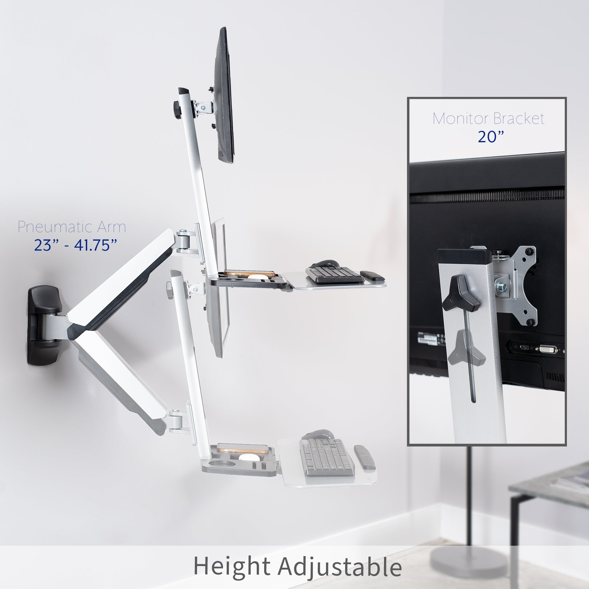 Silver Single 13" to 32" Monitor Sit to Stand Wall Mount