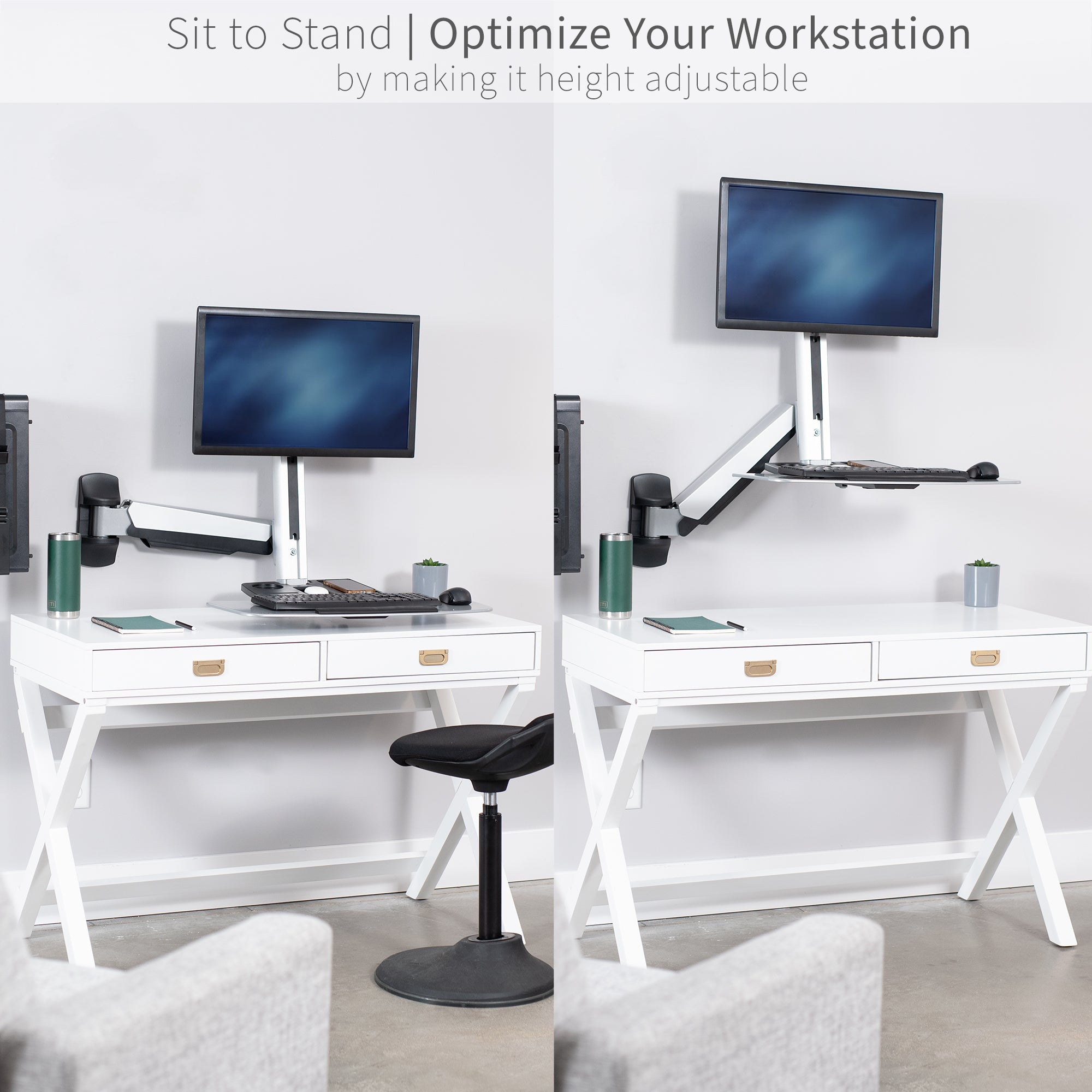 Silver Single 13" to 32" Monitor Sit to Stand Wall Mount
