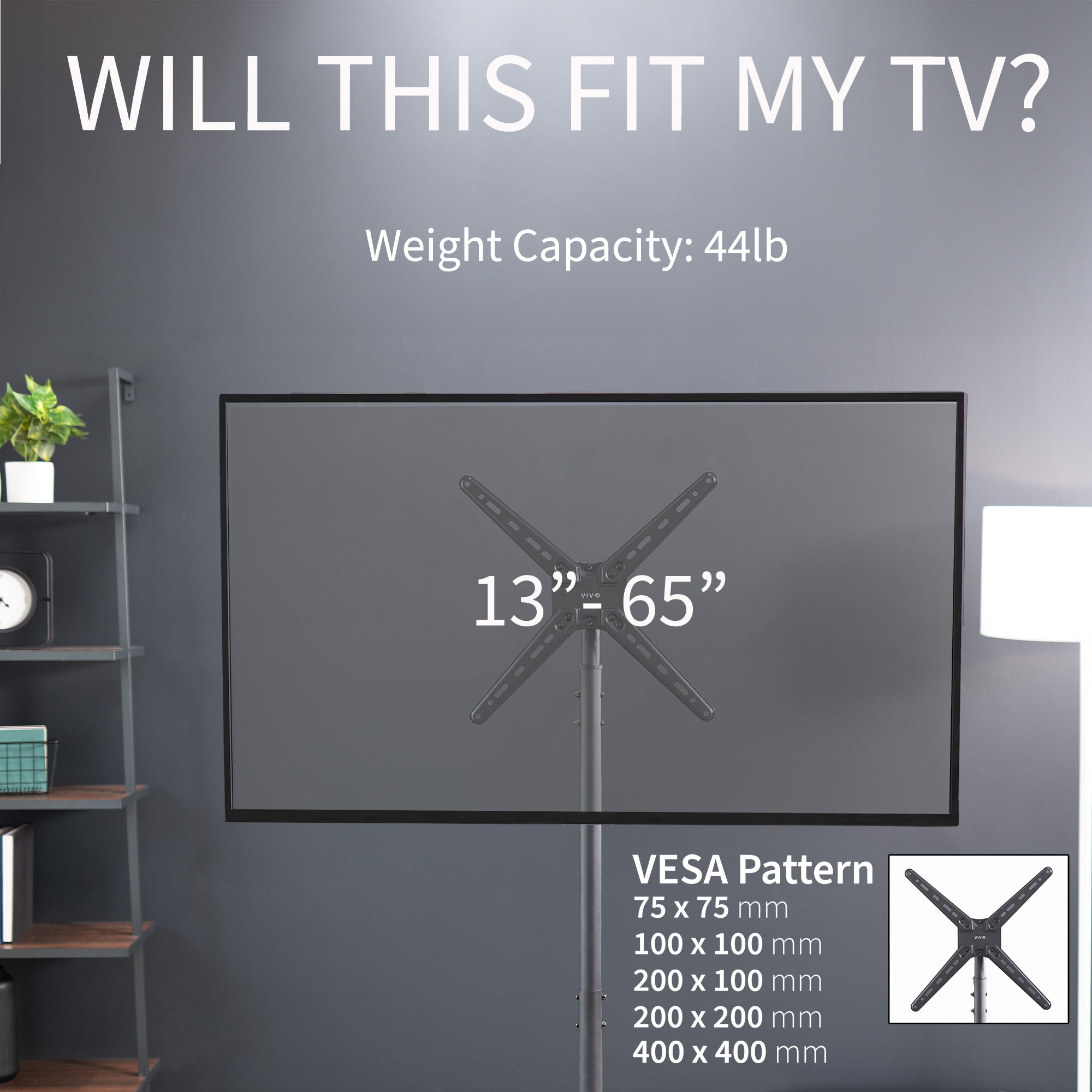 Height Adjustable TV Floor Stand - Up to 65" Screens