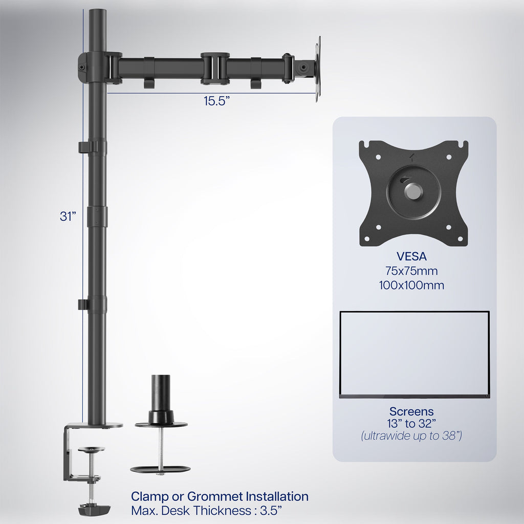 Single Monitor Extra Tall Desk Mount - Up to 38" Screens