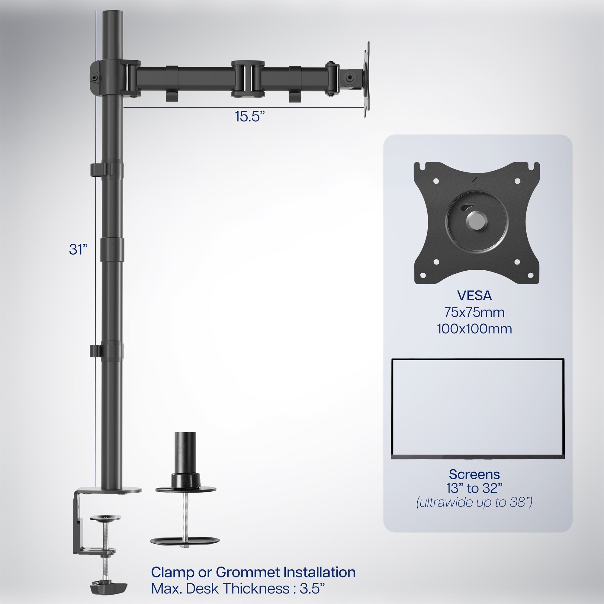 Single Monitor Extra Tall Desk Mount - Up to 38" Screens