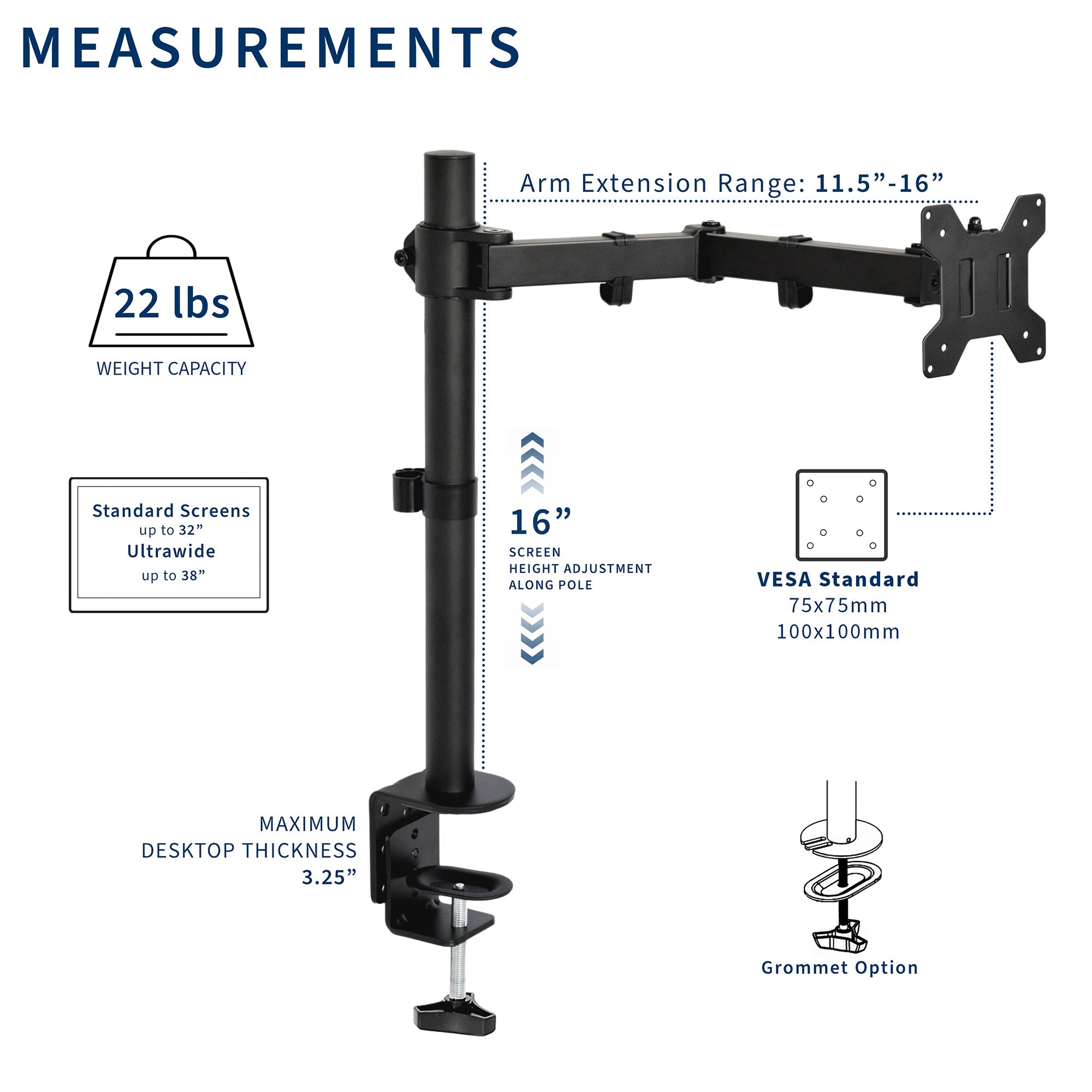Single Monitor Desk Mount - Up to 38" Screens