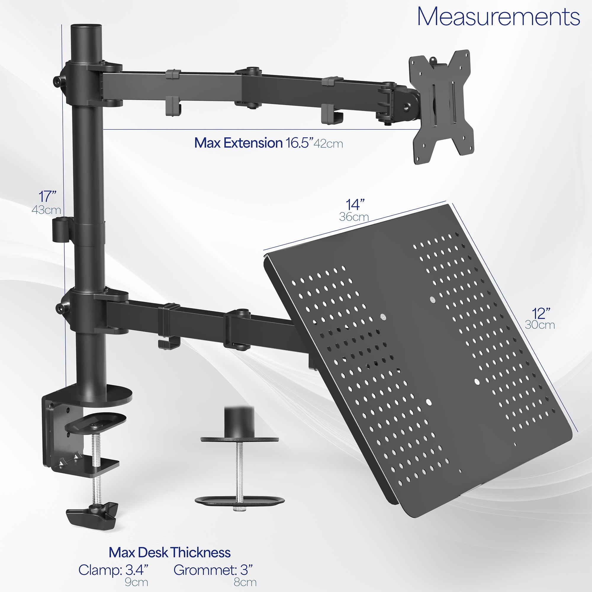 Single Monitor and Laptop Desk Mount - Up to 32" Screens, 17" Laptops