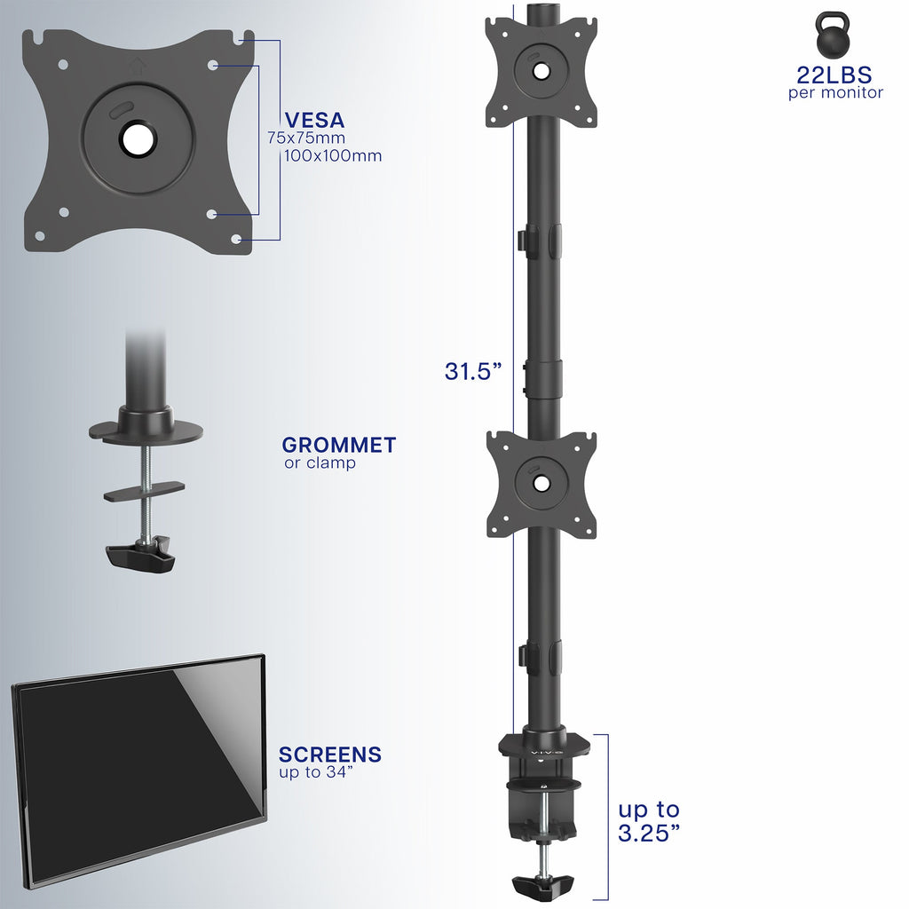 Vertical Dual 13” to 34" Monitor Desk Mount