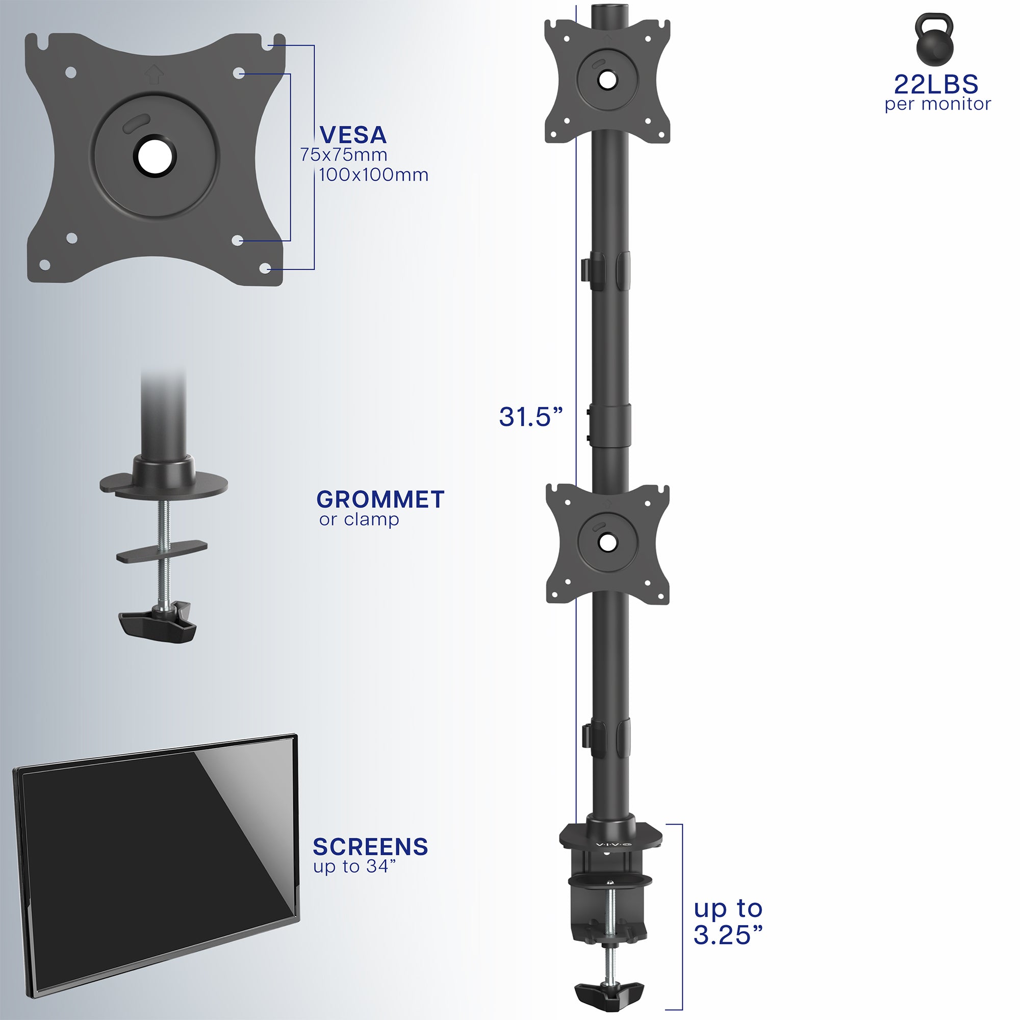 Vertical Dual 13” to 34" Monitor Desk Mount