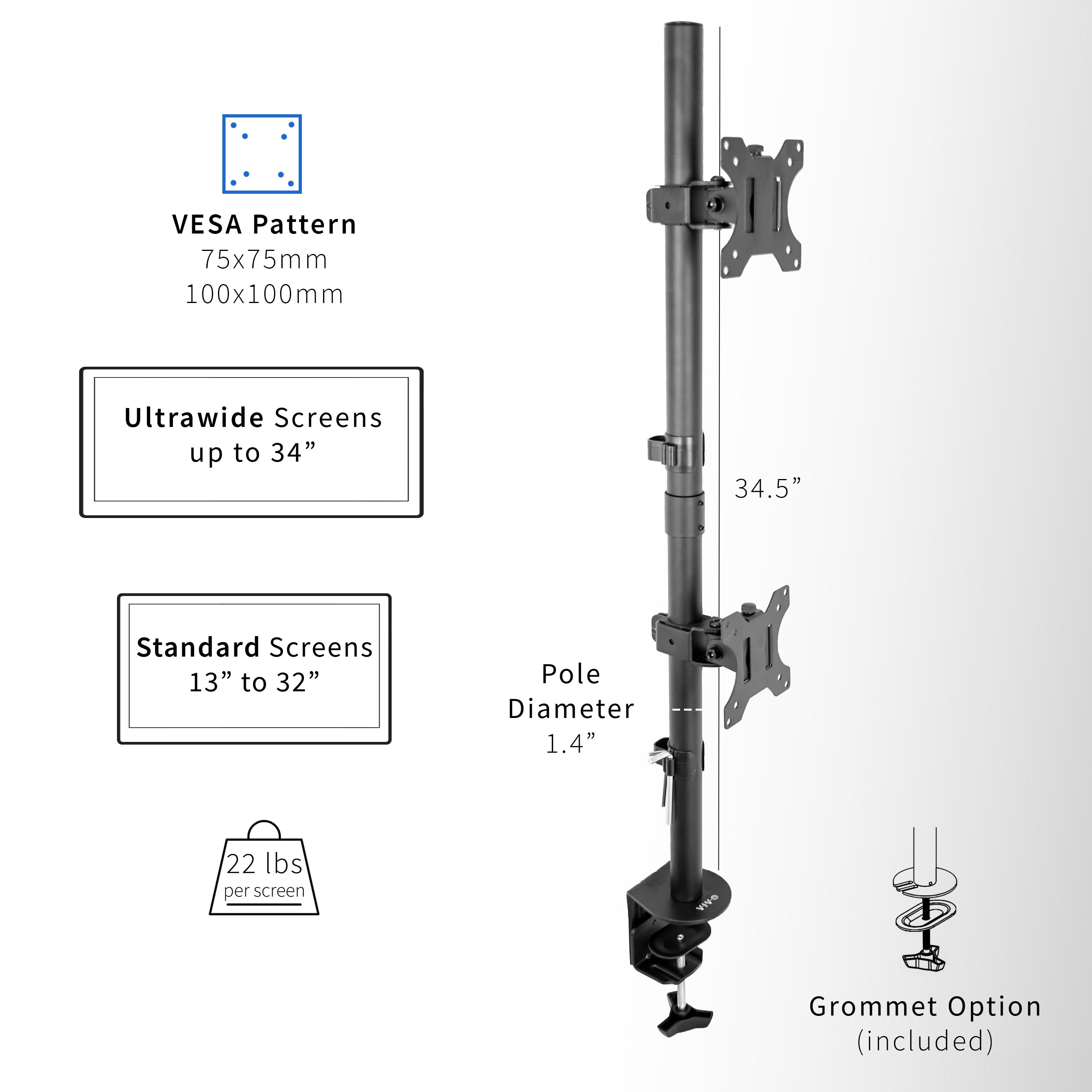 Dual Monitor Desk Mount - Up to 34" Screens