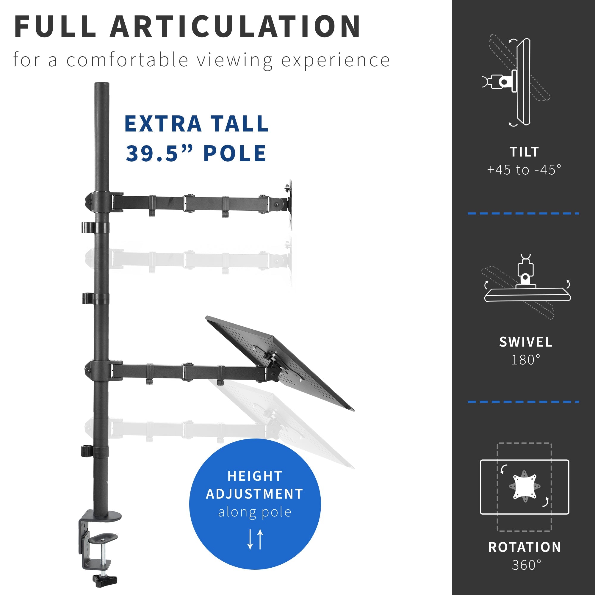 Single Monitor and Laptop Extra Tall Desk Mount - Up to 32" Screens, 17" Laptops