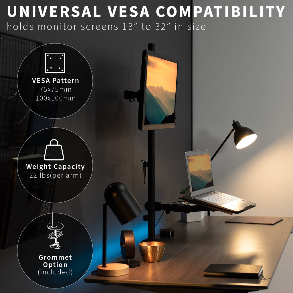 Single Monitor and Laptop Extra Tall Desk Mount - Up to 32" Screens, 17" Laptops