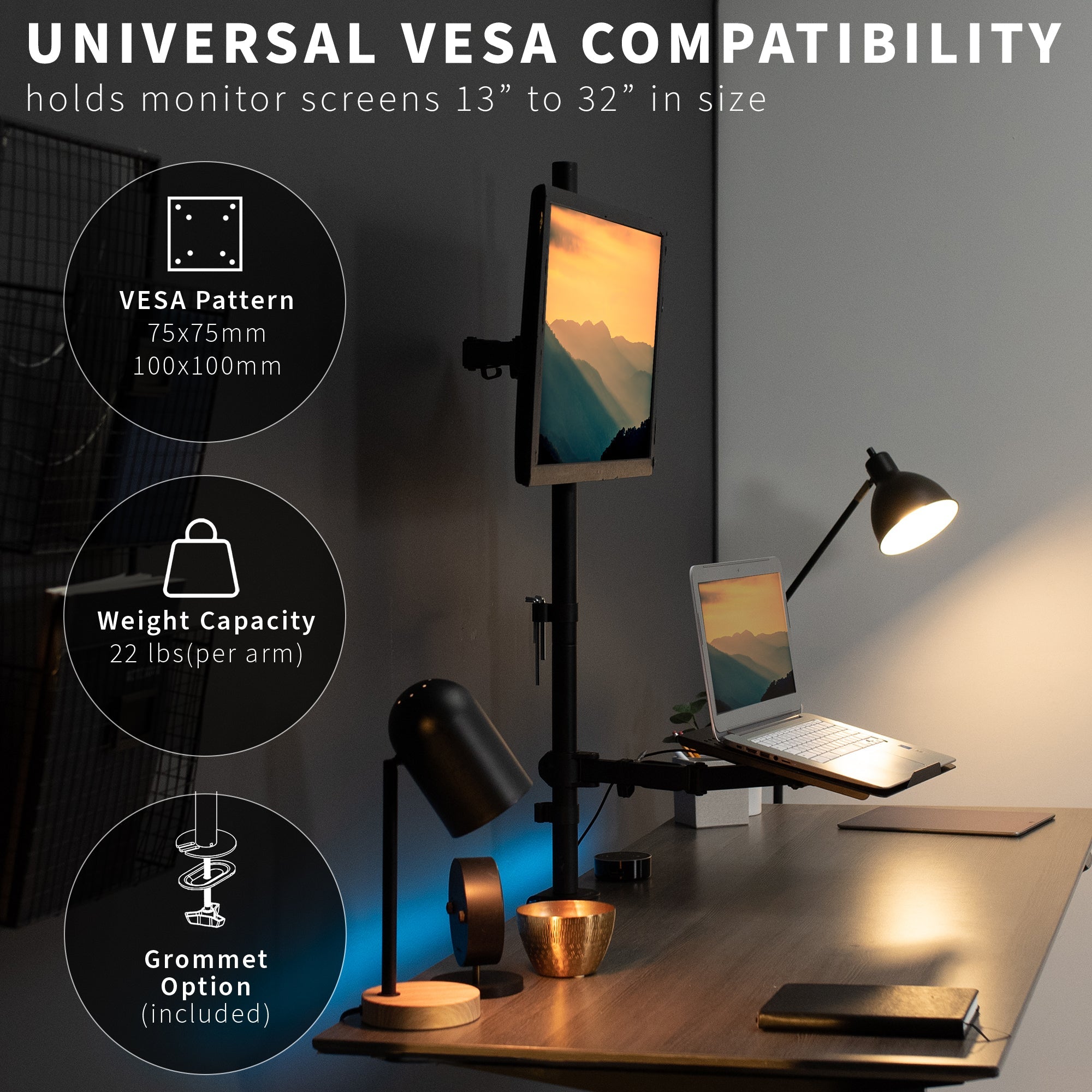 Single Monitor and Laptop Extra Tall Desk Mount - Up to 32" Screens, 17" Laptops